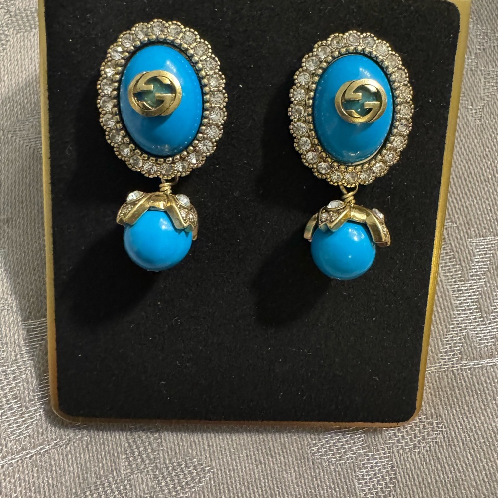 Gucci GG Elegant Blue and Gold Crystal Ball Earrings